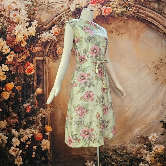 Vintage Dresses & Skirts - Vintage 1960s Floral Dress Tan Green Pink Sleeveless A-Line Belted Shift Mod